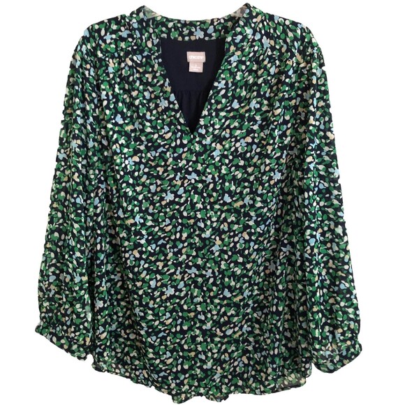 Chicos Abstract Dot Print Blouse Size 3 Womens XL Navy Kelly Semi Sheer Tunic - Picture 5 of 16